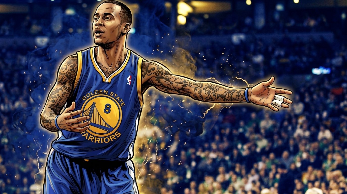 Comic-style illustration of Monta Ellis in a Golden State Warriors blue road jersey reacting with his arm outstretched, blue smoke and gold sparks effect, blurred arena crowd background