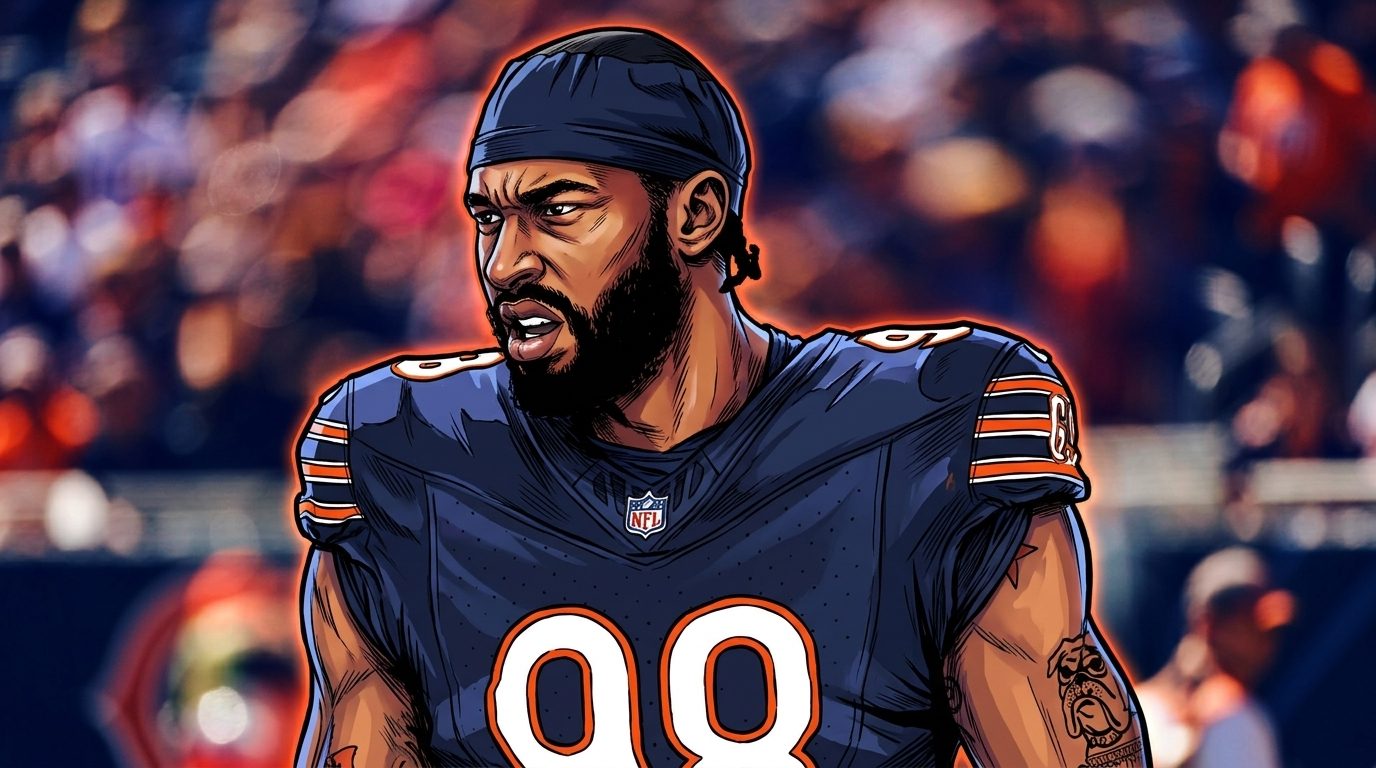 Comic-style illustration of Montez Sweat in a Chicago Bears jersey