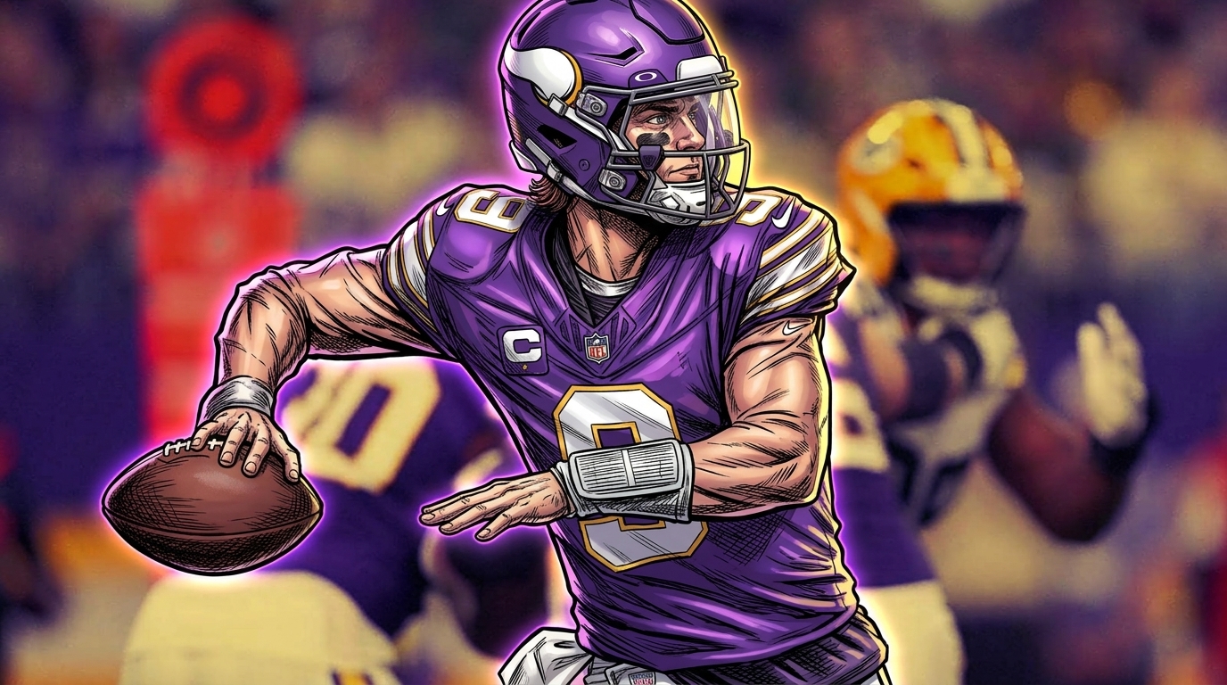 Comic-style illustration of Minnesota Vikings quarterback J.J. McCarthy in a purple No. 9 jersey rolling out with the ball, neon rim glow outlining his silhouette against a stadium backdrop