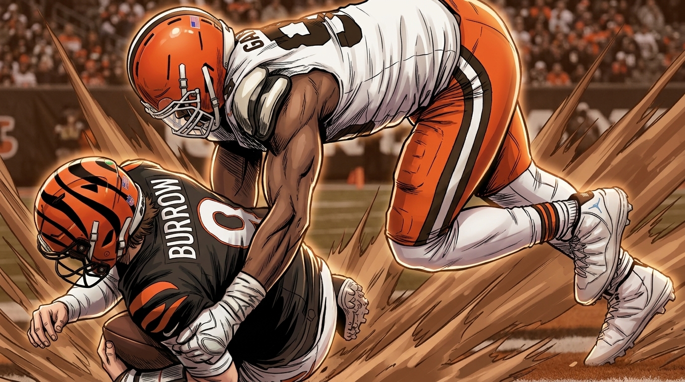 Myles Garrett in Cleveland Browns jersey making a sack — Swipe Sports