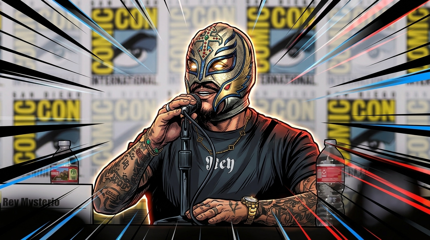 Comic-style illustration of Rey Mysterio in his silver, blue, and red jeweled luchador mask, black t-shirt and gold chain, speaking into a microphone at a panel table, black/blue/red geometric light streaks over a convention backdrop — Swipe Sports