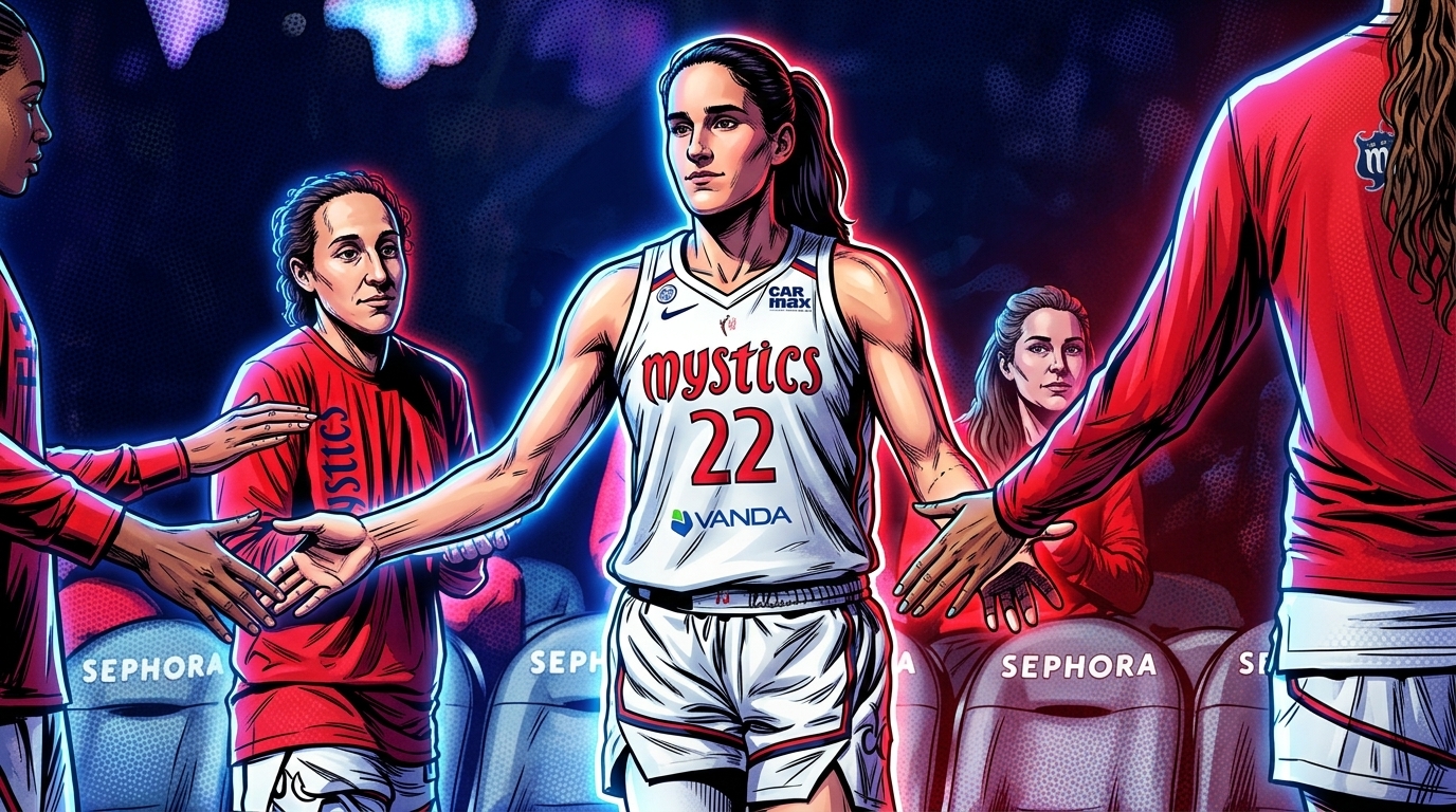 Comic-style illustration of Washington Mystics guard Sonia Citron (#22) in white home jersey greeting teammates courtside during a pregame introduction, navy and red neon rim glow effect over a photographic arena tunnel background — editorial image for coverage of the Mystics' 2026 playoff clinch.