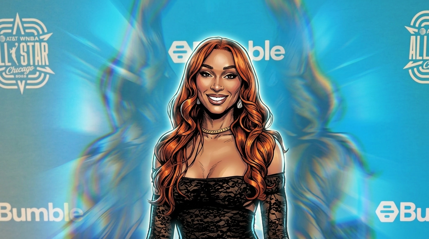 Comic-style illustration of DiJonai Carrington in a black lace dress with chromatic dispersion effect, WNBA All-Star orange carpet backdrop