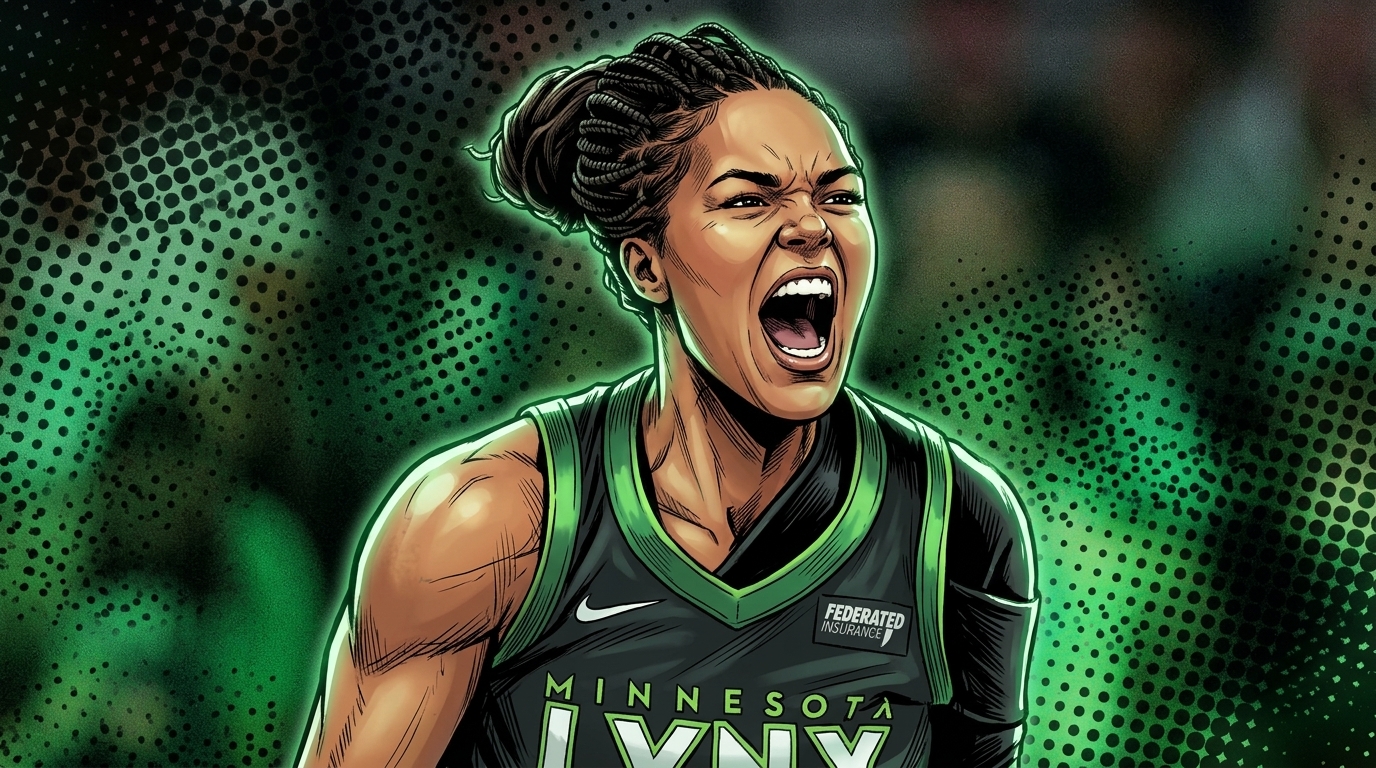 Comic-style illustration of Napheesa Collier shouting in celebration, wearing a black Minnesota Lynx alternate jersey with green trim, green halftone dot effect in the background
