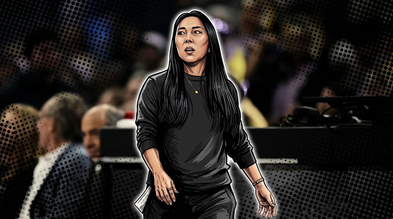 Natalie Nakase in comic book style, calm and alert on the sideline in a black top, halftone-dot arena crowd blurred behind her