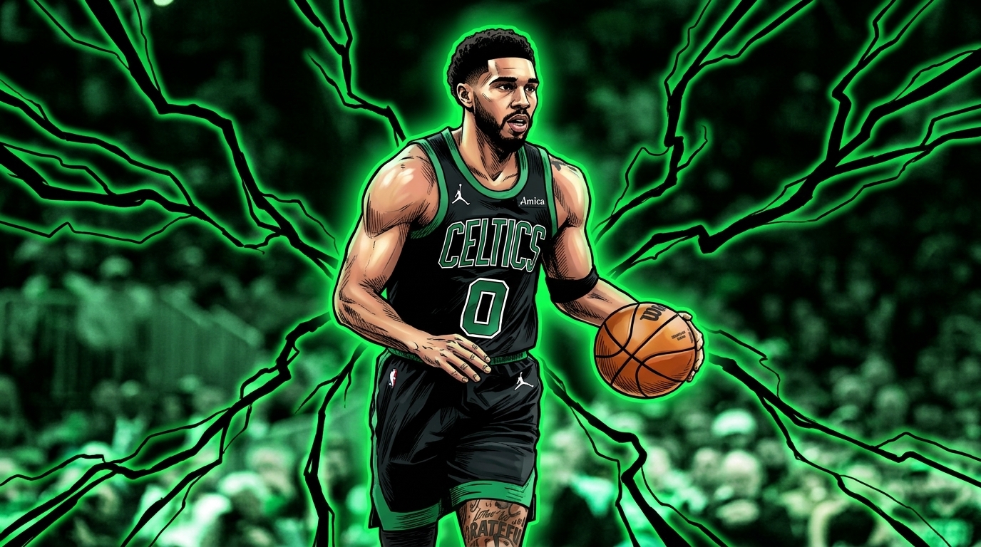 Comic-style illustration of a Boston Celtics player in a black number 0 jersey dribbling a basketball, outlined in glowing green lightning against a blurred arena crowd background.