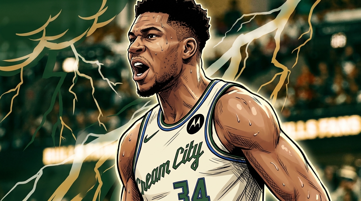 Giannis Antetokounmpo Milwaukee Bucks Cream City jersey dramatic storm lightning effect
