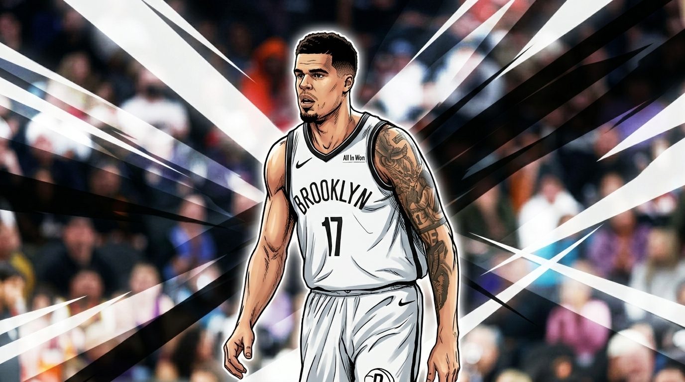 Comic-style illustration of Michael Porter Jr. in a white Brooklyn Nets No. 17 jersey with geometric light-streak effects and a blurred arena crowd in the background