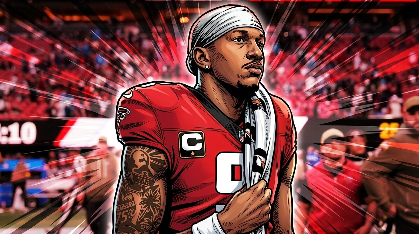 Comic-style illustration of an Atlanta Falcons quarterback in a red jersey with a black 'C' captain patch, shockwave lines radiating through a stylized stadium background