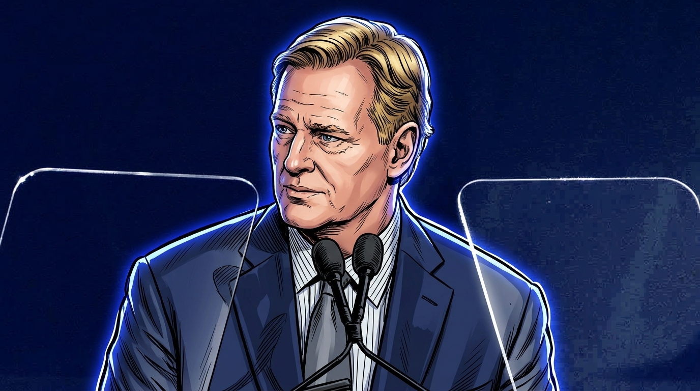 Comic-style illustrated portrait of NFL Commissioner Roger Goodell at a podium with a neon rim glow effect