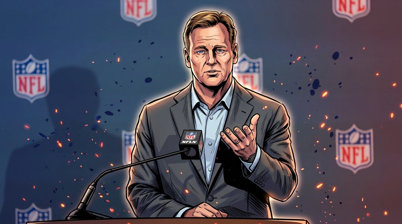 Comic-style illustrated portrait of NFL Commissioner Roger Goodell at a podium press conference with a particle field and floating embers effect background