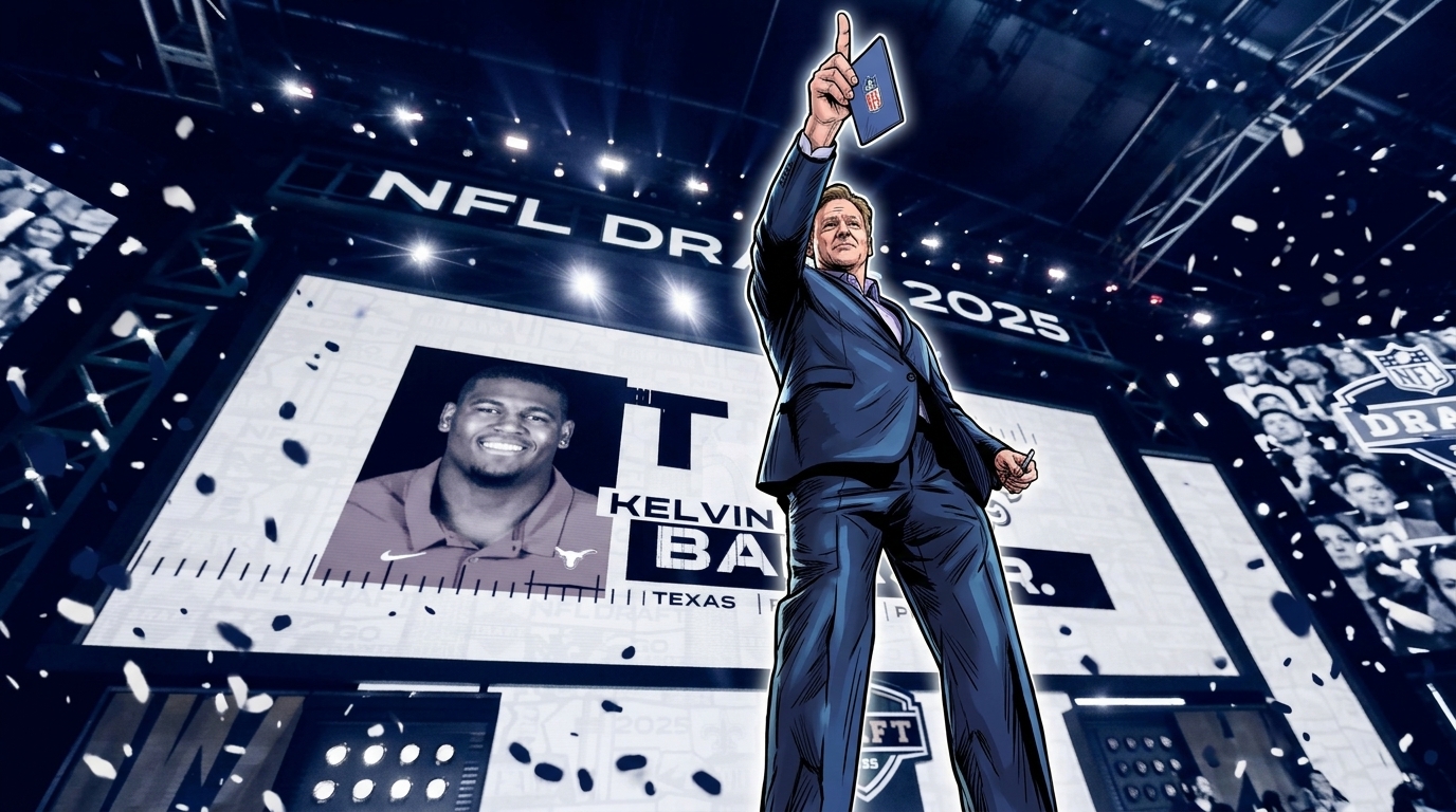 Comic-style illustration of Roger Goodell in a navy suit pointing upward on the NFL Draft stage, blue ink-wash lighting and confetti, draft board screen visible behind him