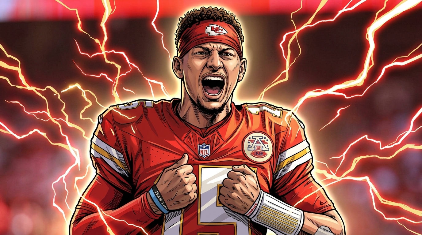 Patrick Mahomes in red Chiefs jersey #15 rendered in comic book style with electric energy lightning effect