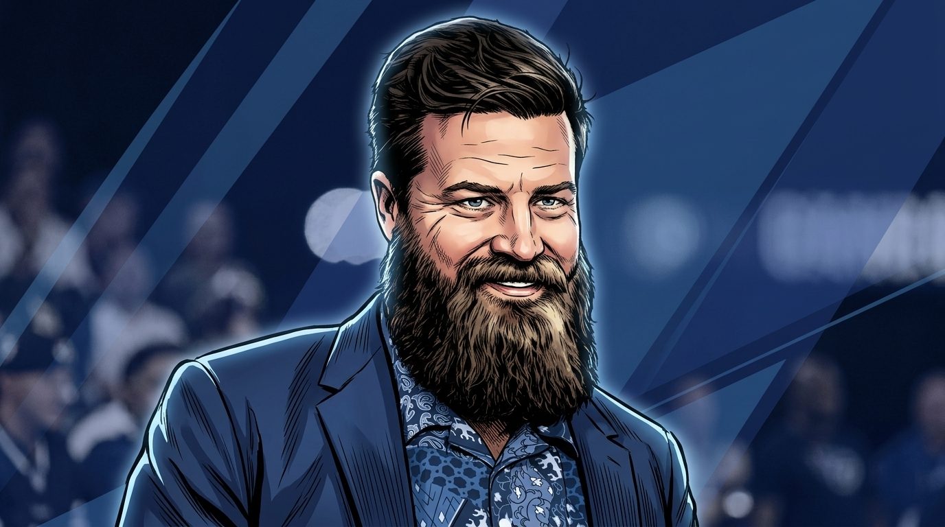 Comic-style illustration of Ryan Fitzpatrick in broadcast attire with navy geometric light streak effects