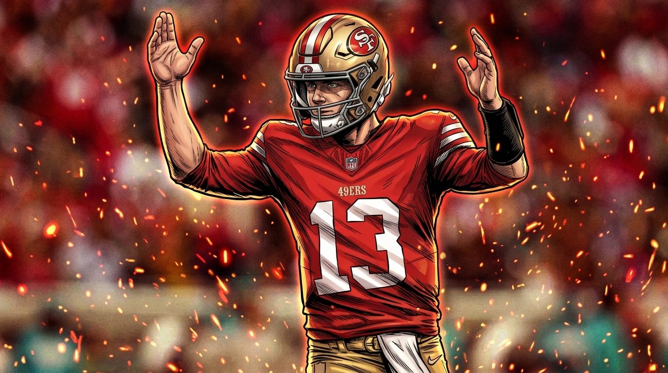 Comic-style illustration of Brock Purdy in a red and gold 49ers jersey and helmet, arms raised, glowing ember particles floating against a blurred stadium crowd background