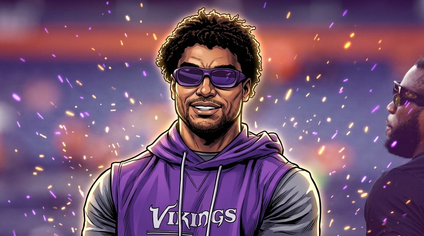 Comic-style illustration of Minnesota Vikings linebacker Eric Wilson in a purple Vikings hoodie and sunglasses, smiling, with a stadium background and floating ember particles.