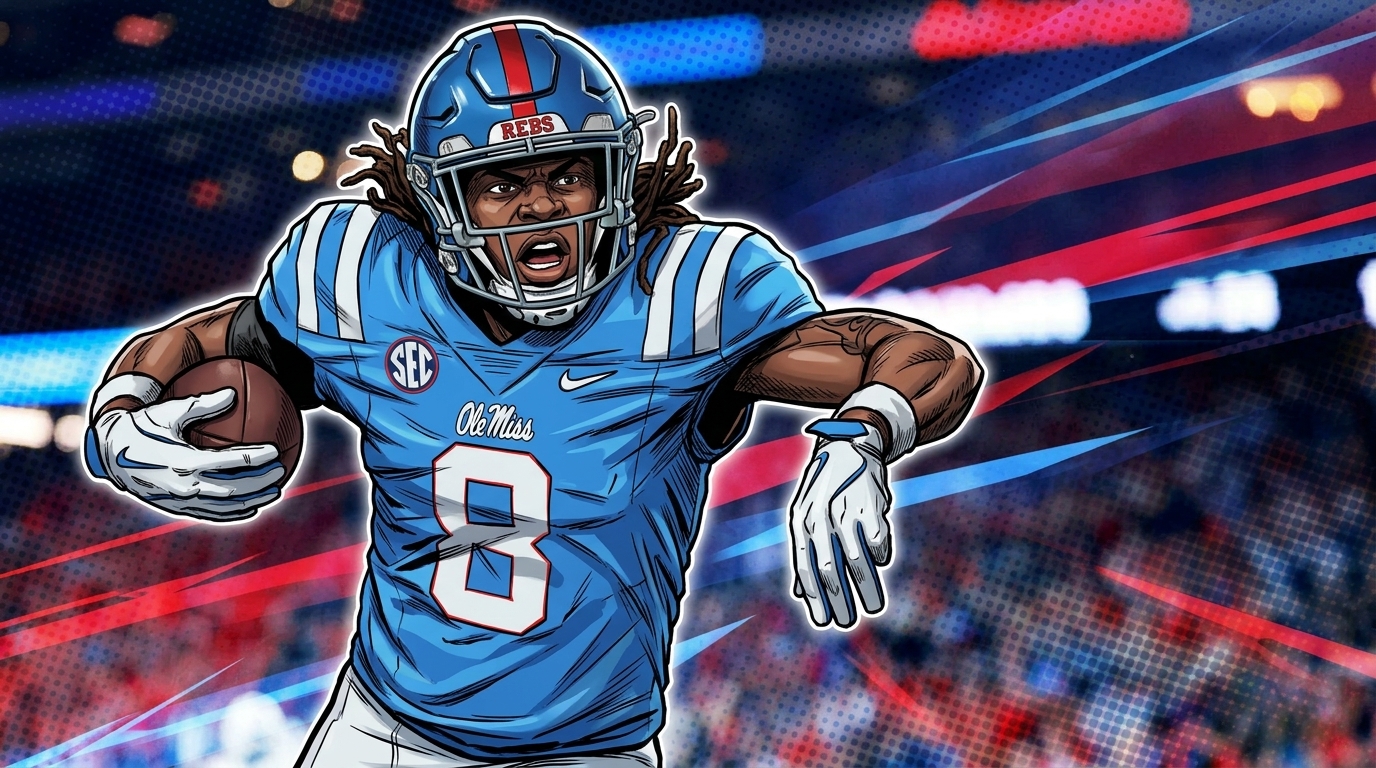 Ole Miss Rebels running back Dae'Quan Wright in comic book illustration style, wearing a light blue number 8 jersey, mid-run with the ball tucked under his arm, blue and red geometric light streaks in the background.