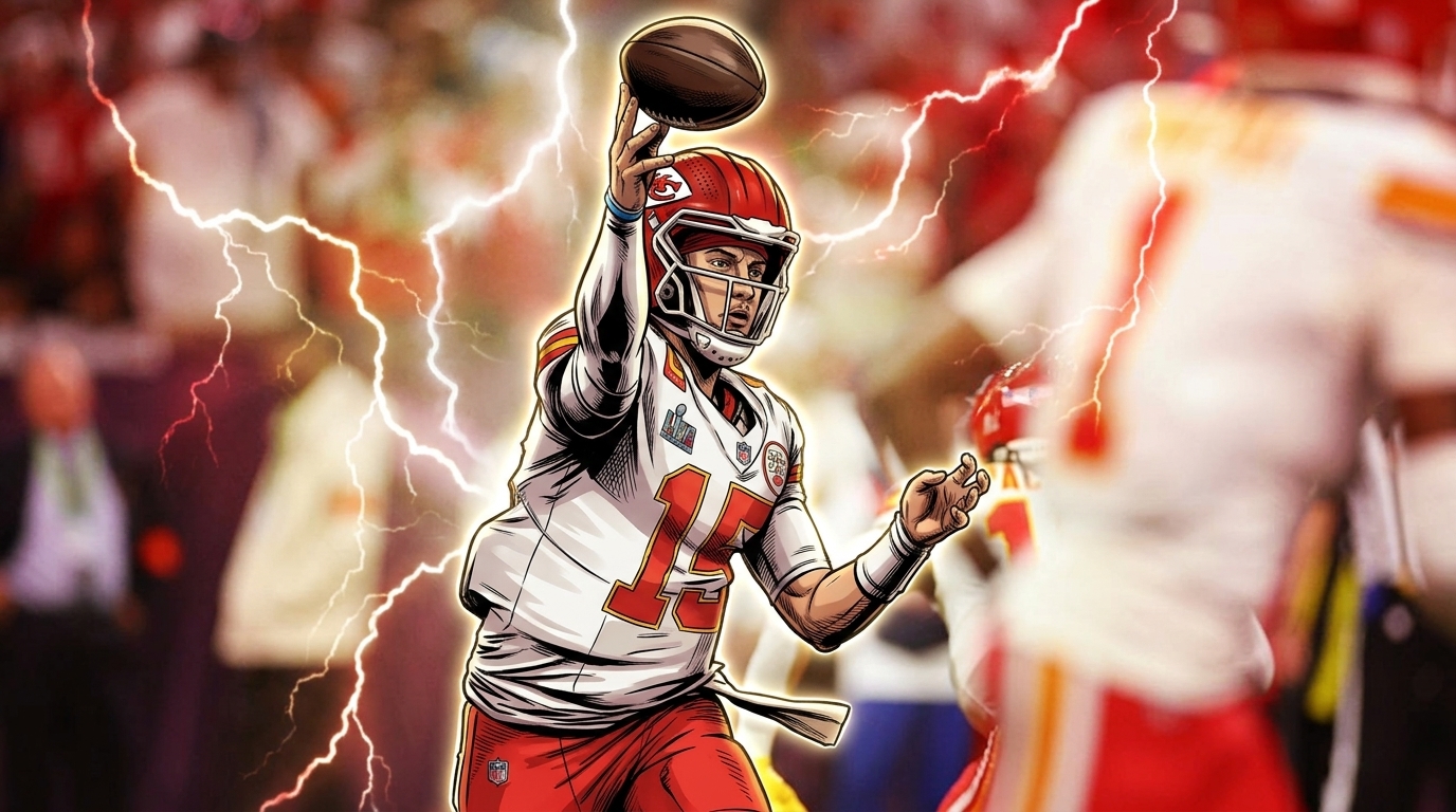 Comic-style illustration of Patrick Mahomes in white Chiefs jersey throwing motion, storm and lightning effect background — editorial image for NFL preseason Week 1 sit-outs coverage.