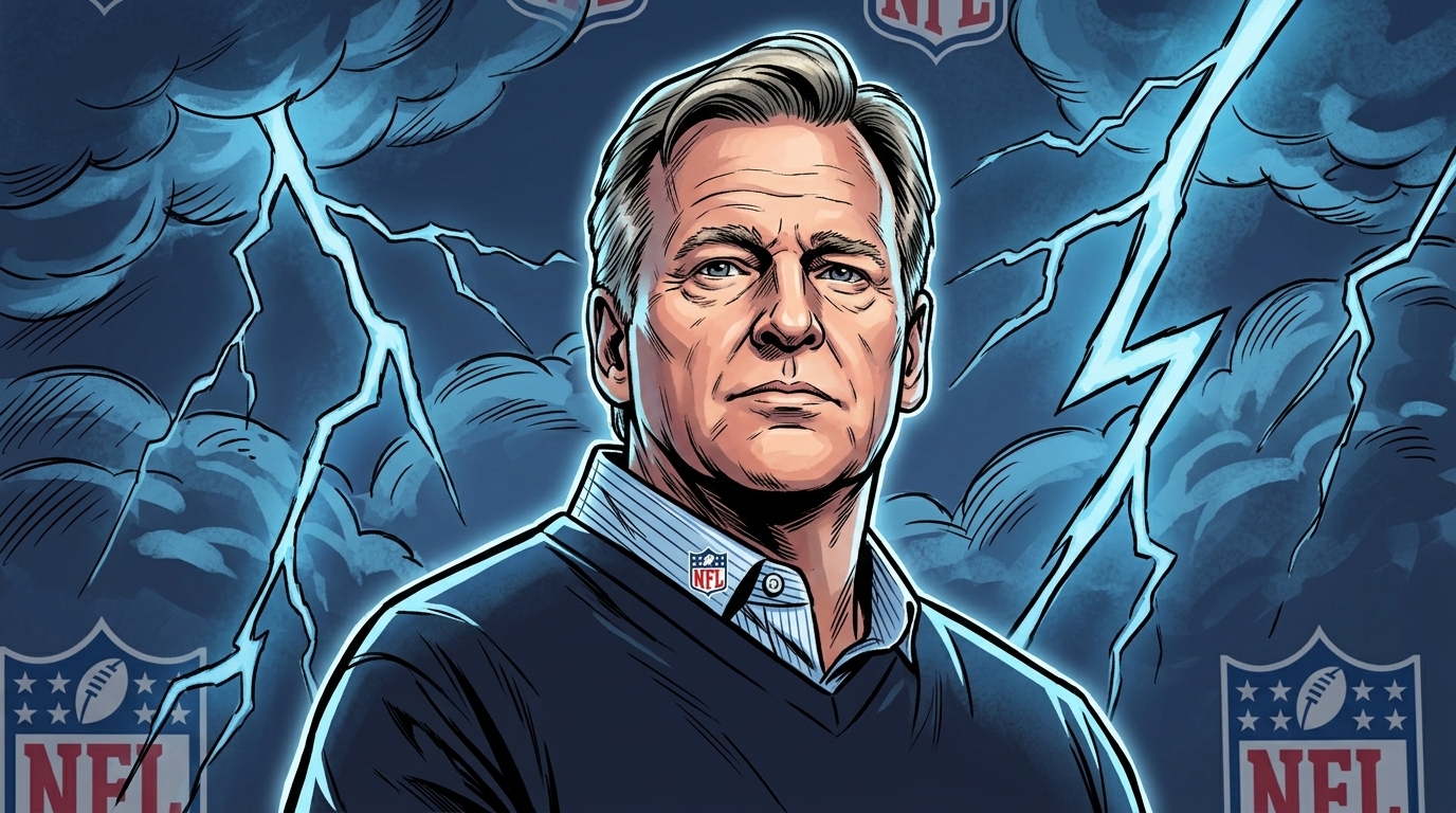 Comic-style illustrated portrait of NFL Commissioner Roger Goodell in a navy sweater at a podium with a storm and lightning effect background