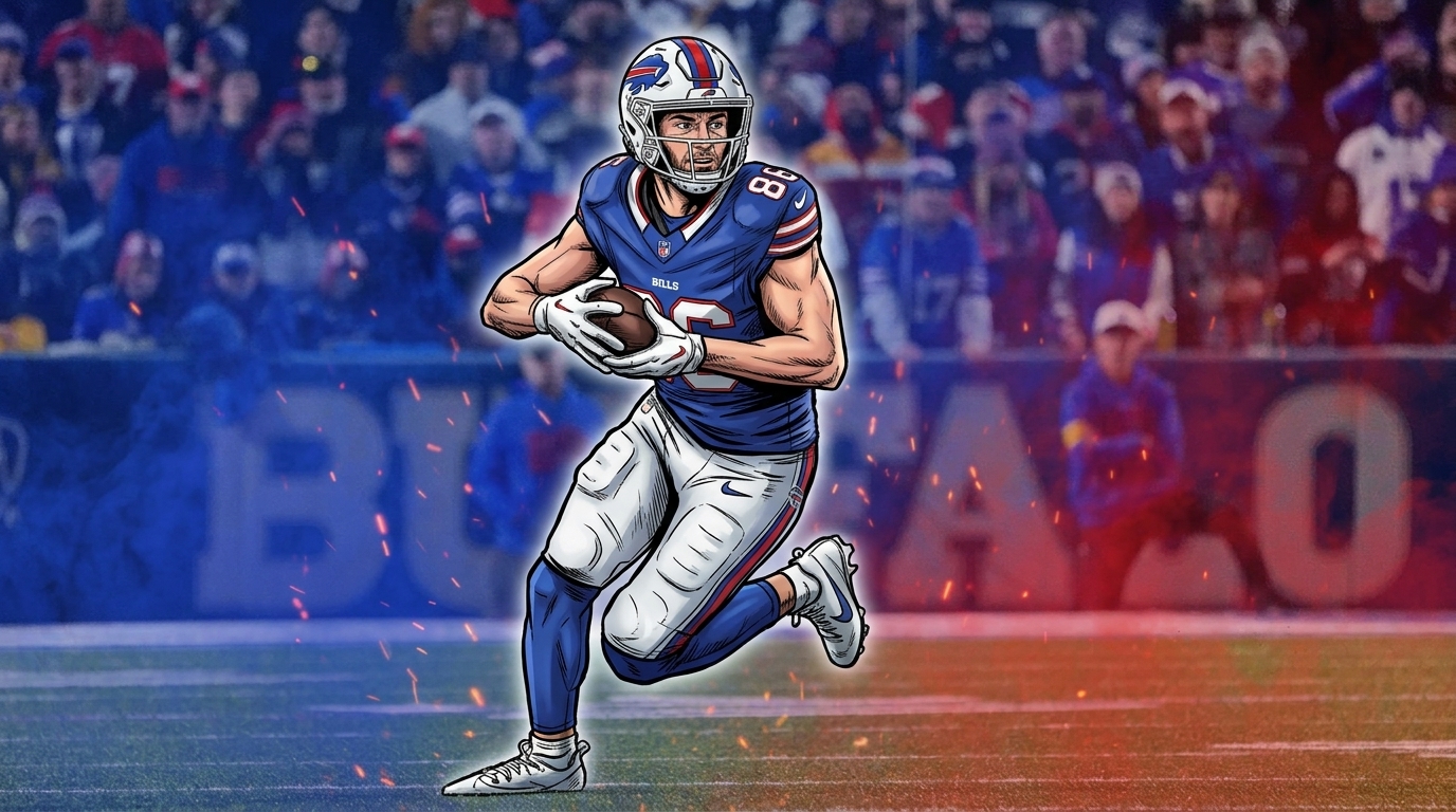 Comic-style illustration of Buffalo Bills tight end Dalton Kincaid (#86) running with the ball, orange smoke-and-sparks effect washing the stadium background -- Swipe Sports