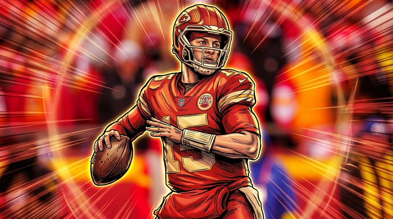 Patrick Mahomes in red Chiefs jersey dropping back to pass, comic book illustration with radial burst effect