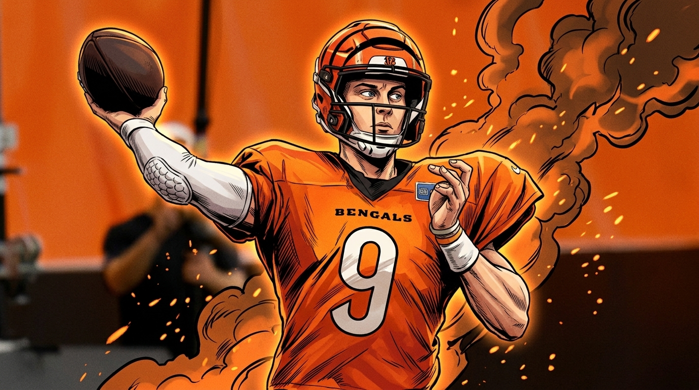 Comic-styled illustration of Cincinnati Bengals quarterback Joe Burrow in an orange practice jersey with a smoke-and-sparks effect, editorial image for coverage of the NFL's coordinated WAG marketing campaign
