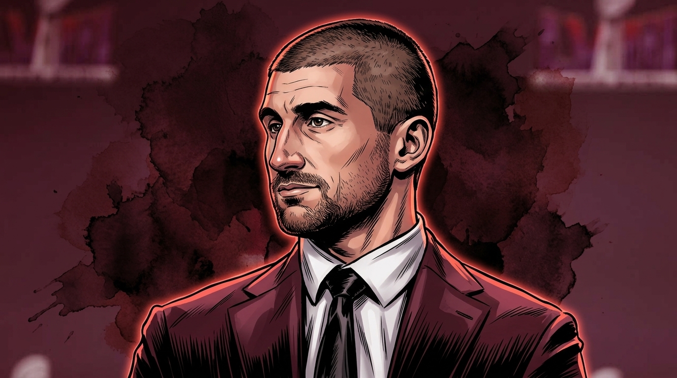 Comic-style illustration of JC Tretter, NFLPA Executive Director, in a maroon suit at a press conference podium, ink wash watercolor bleed effect with maroon color wash