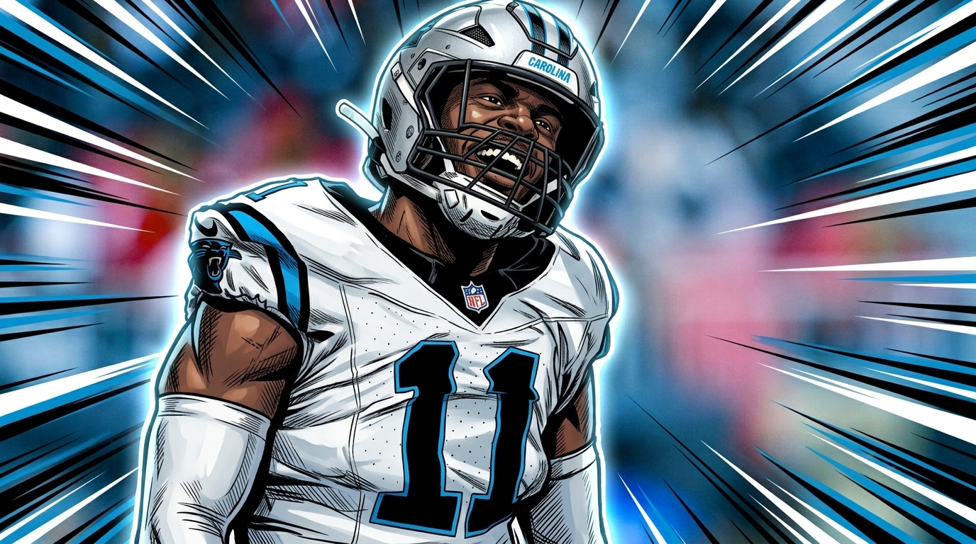 Stylized illustration of Carolina Panthers pass rusher Nic Scourton in his white No. 11 jersey reacting on the field