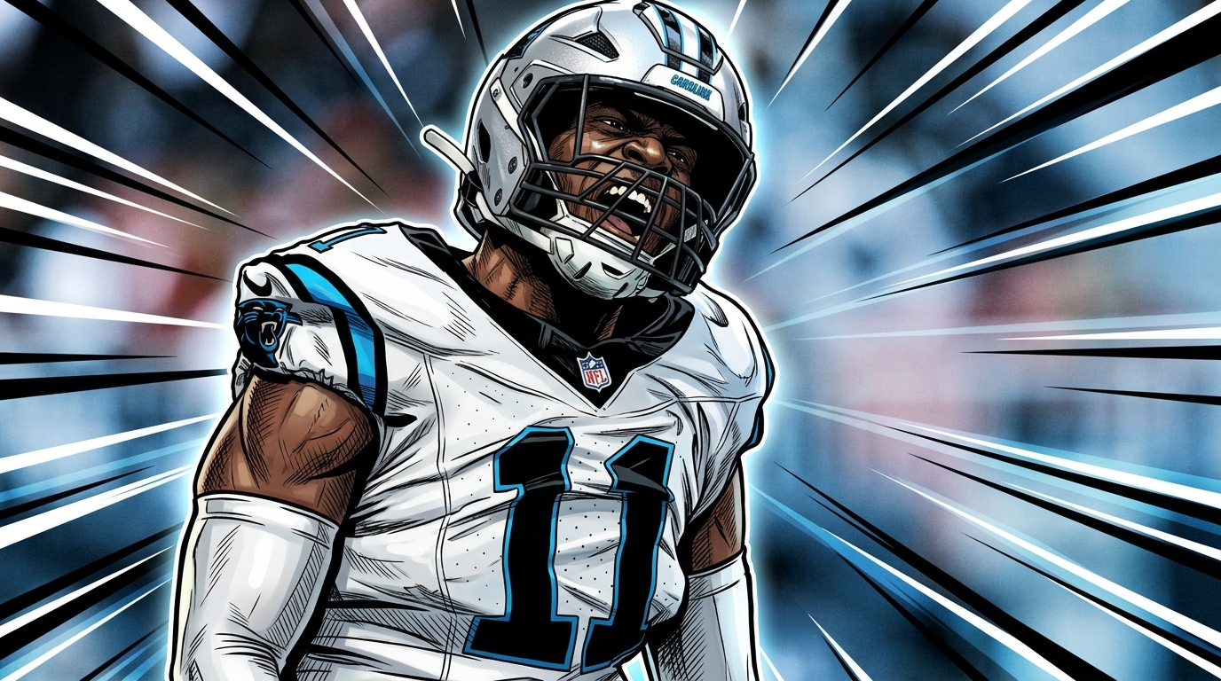 Nic Scourton in Carolina Panthers jersey #11, comic-style illustration with geometric light streaks