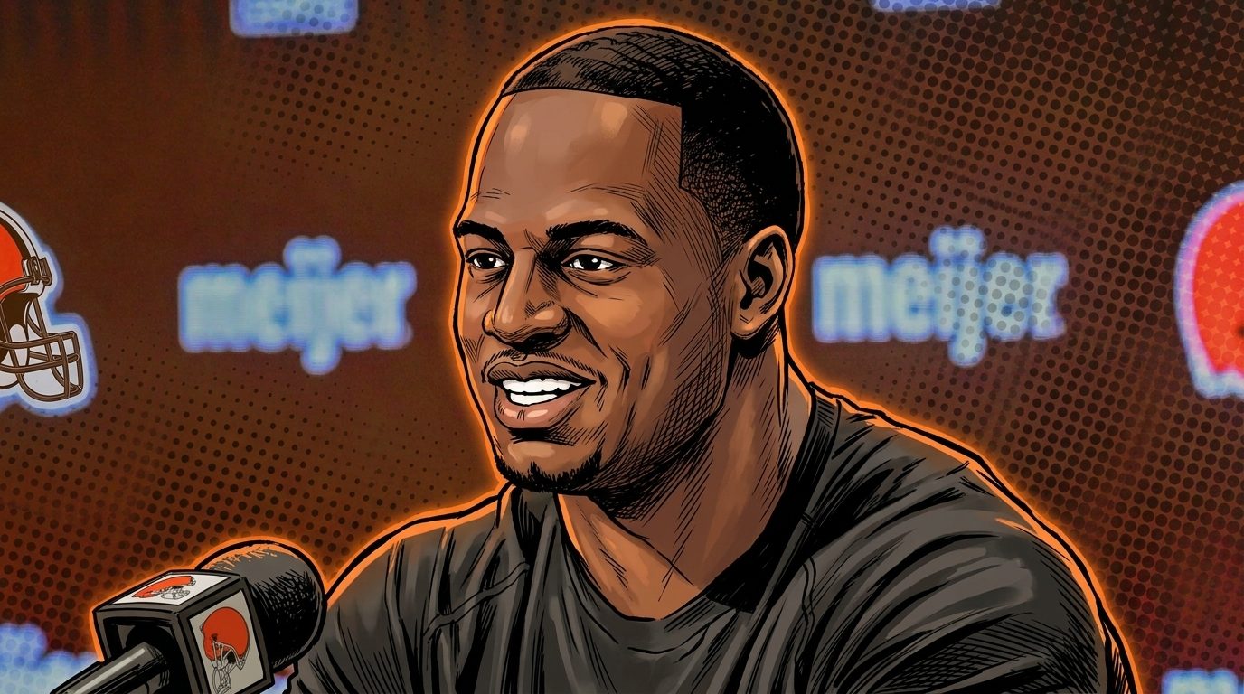 Nick Chubb in comic book illustration style, black Browns team-issue t-shirt, speaking at a press conference podium with a halftone dot and brown-orange color wash effect over the Browns- and Meijer-branded backdrop, a Browns-logo microphone in front