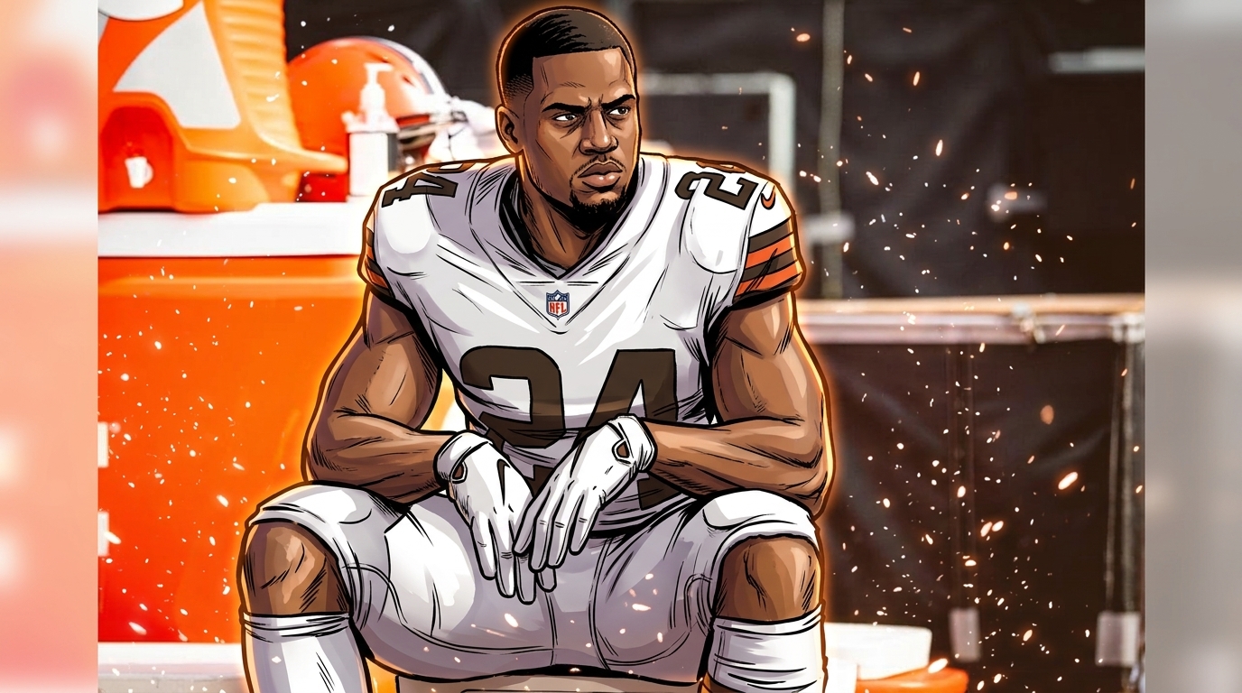 Nick Chubb in comic book illustration style, white away Cleveland Browns jersey with brown and orange trim and number 24, seated on the sideline bench with particle field and floating embers effect