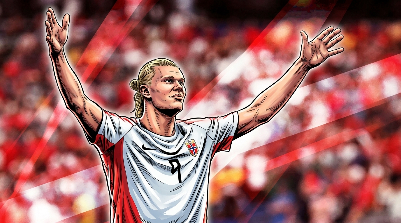 Erling Haaland celebrates in Marvel comic book style wearing Norway white jersey with arms raised, stadium crowd in background