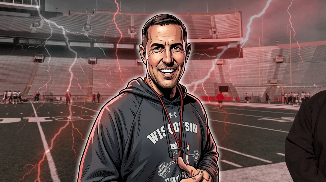 Luke Fickell, Wisconsin's head coach, in Marvel comic book style with a storm and lightning effect, standing at Camp Randall Stadium