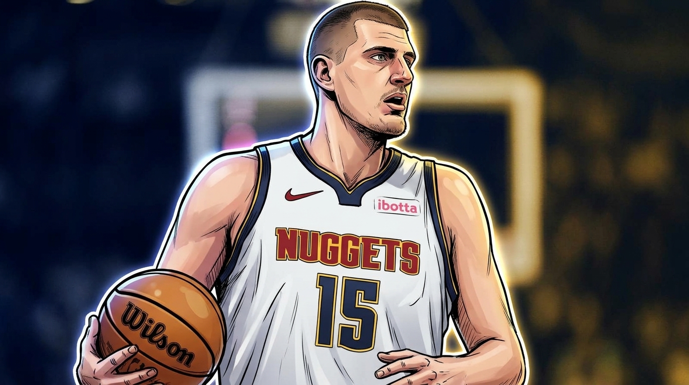Comic-book styled illustration of Nikola Jokic in a white Denver Nuggets home jersey with a neon rim glow effect