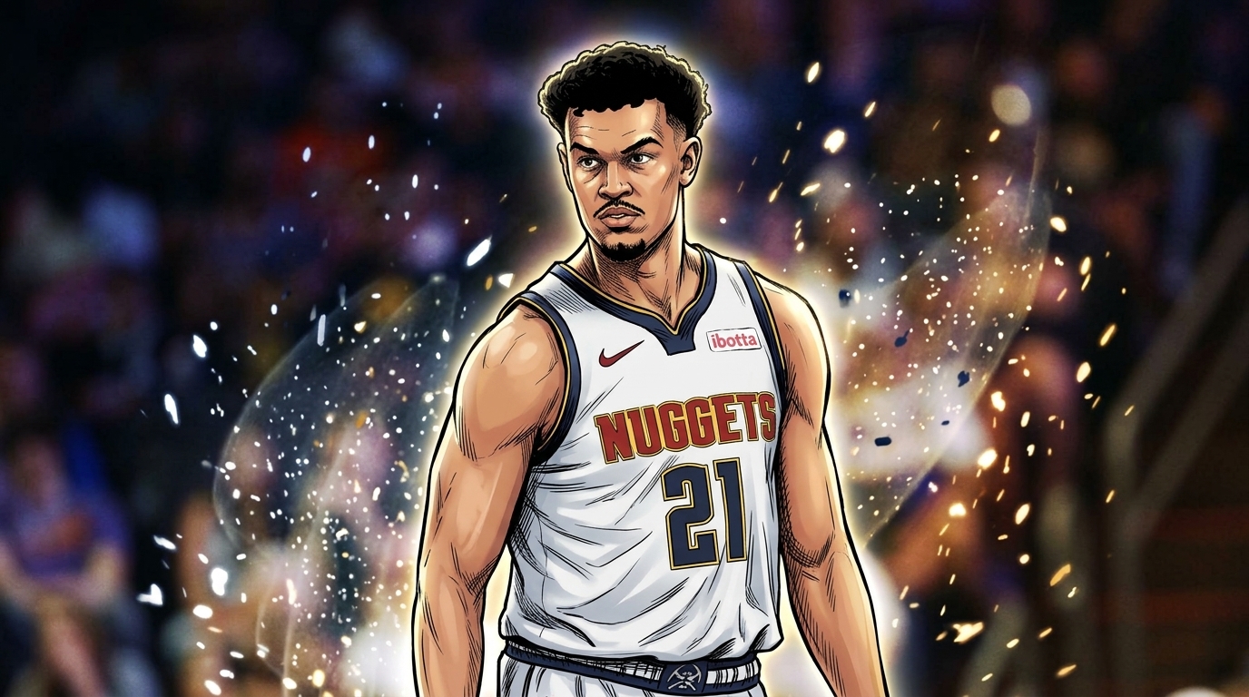 Comic-style illustration of Spencer Jones in his white Denver Nuggets jersey, surrounded by a floating ember particle effect against a blurred arena crowd.