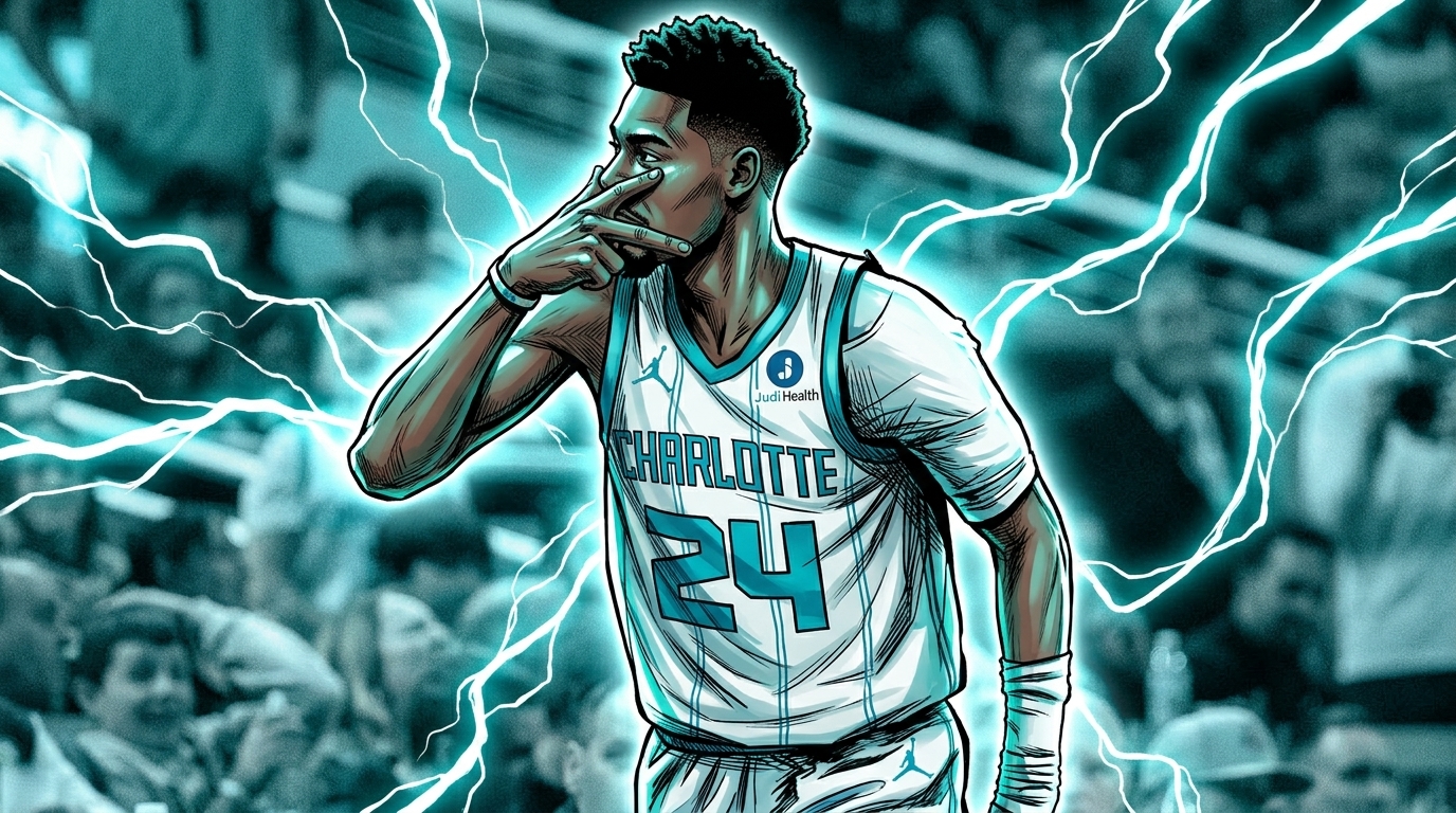 Comic-style illustrated portrait of Brandon Miller in a Charlotte Hornets jersey with a teal electric energy effect background