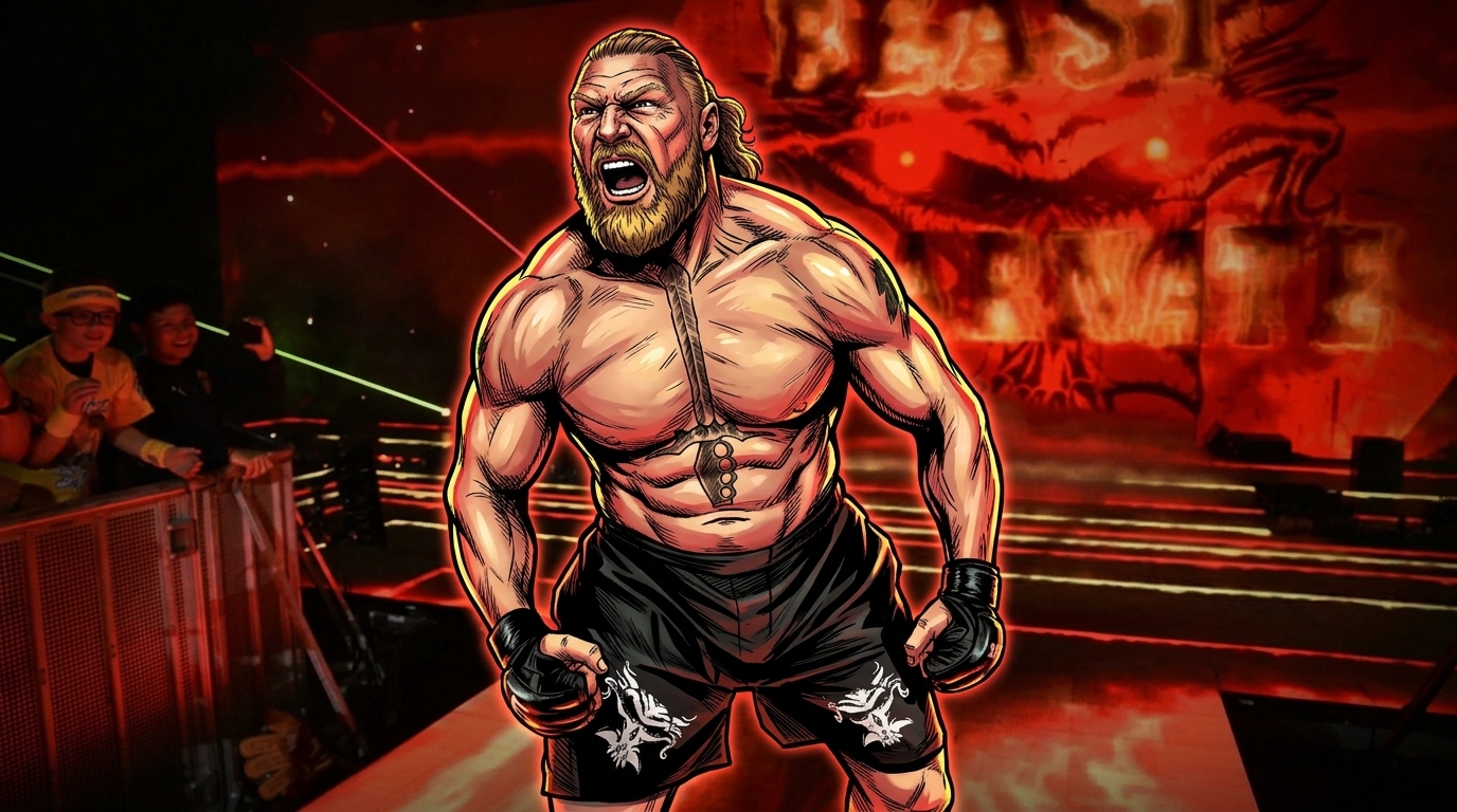 Brock Lesnar rendered as a comic book illustration with a neon rim glow effect, mid-entrance under red pyro lighting -- Swipe Sports
