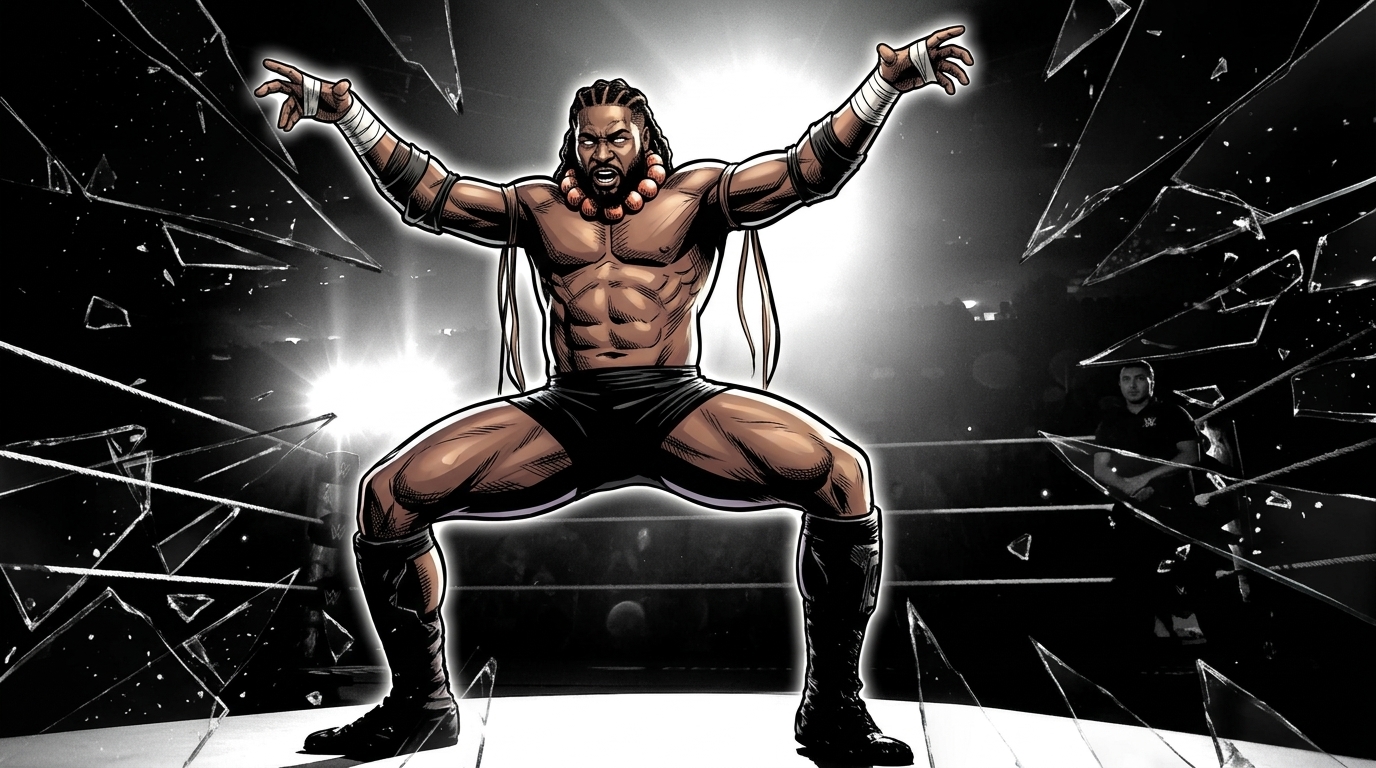 Oba Femi in Marvel comic book illustration, dramatic power stance in wrestling ring, shattered glass effect