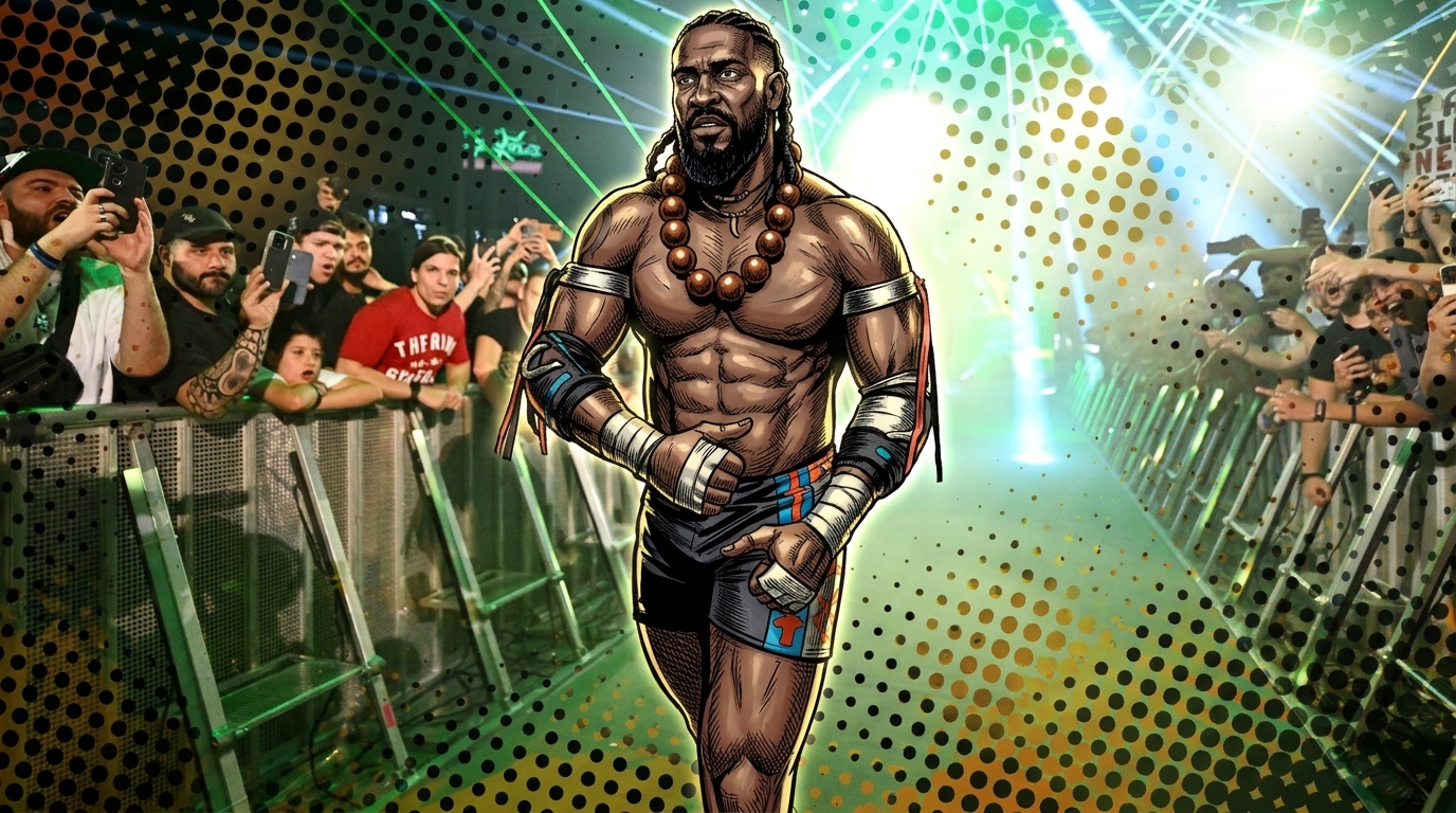 Oba Femi walking entrance ramp rendered as Marvel comic book illustration with classic halftone Ben-Day dots effect — Swipe Sports