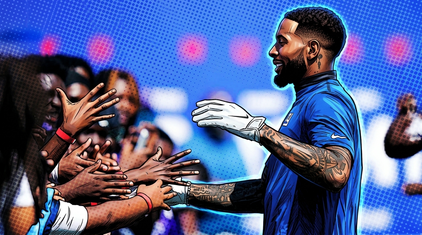 Comic-style illustration of Odell Beckham Jr. in a blue Giants jersey reaching out to slap hands with fans, halftone dot effect over a MetLife Stadium ribbon-board background