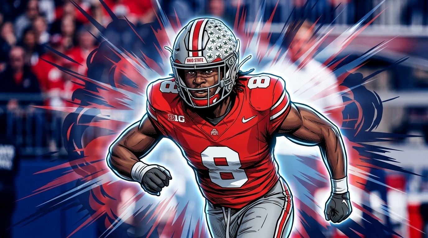 Ohio State Buckeyes player, in comic-style illustration with a shockwave effect, running on the field in scarlet and gray