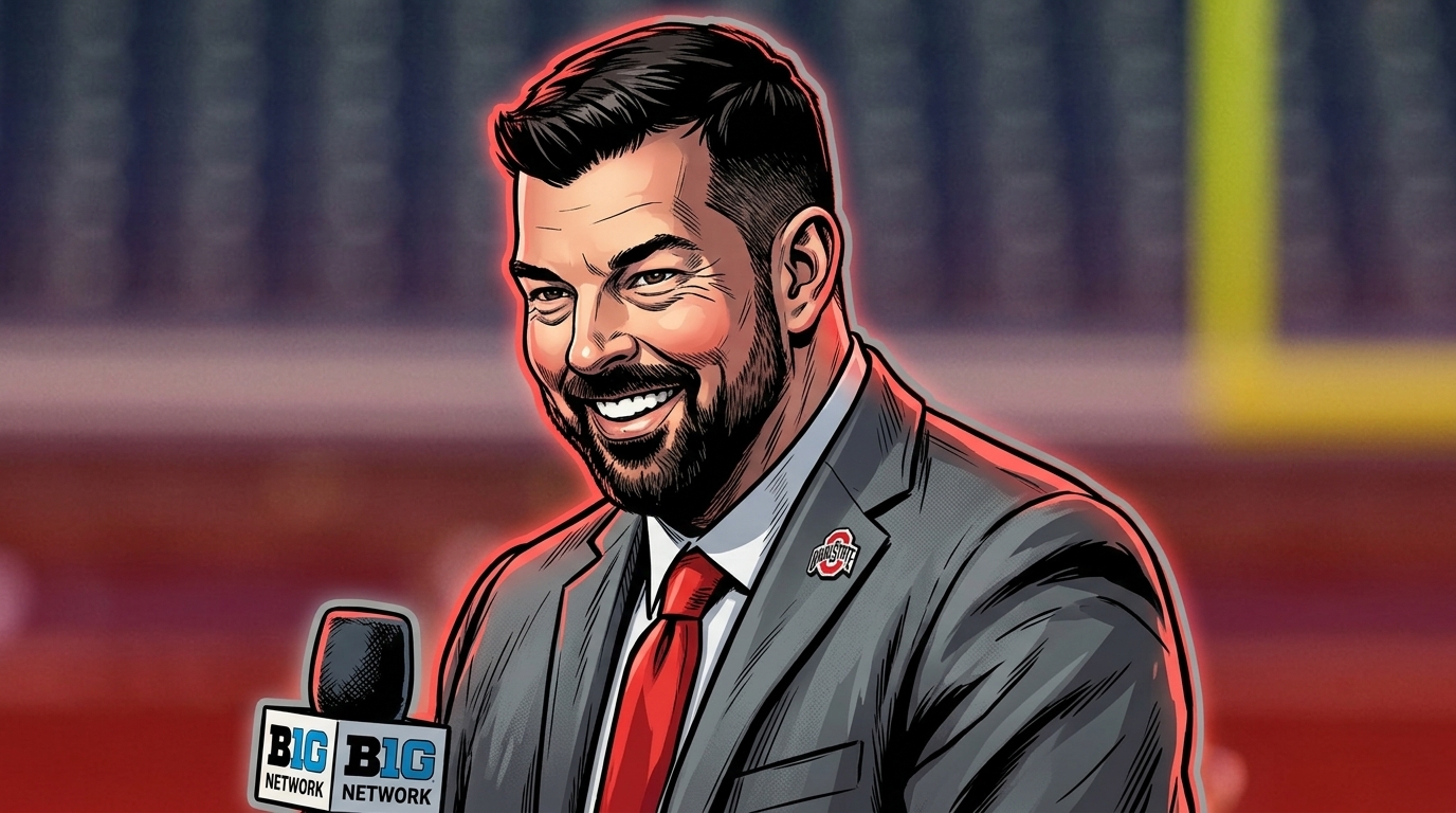 Ryan Day, in a comic-style illustration with a red neon rim glow effect, smiling while holding a B1G Network microphone in a stadium setting