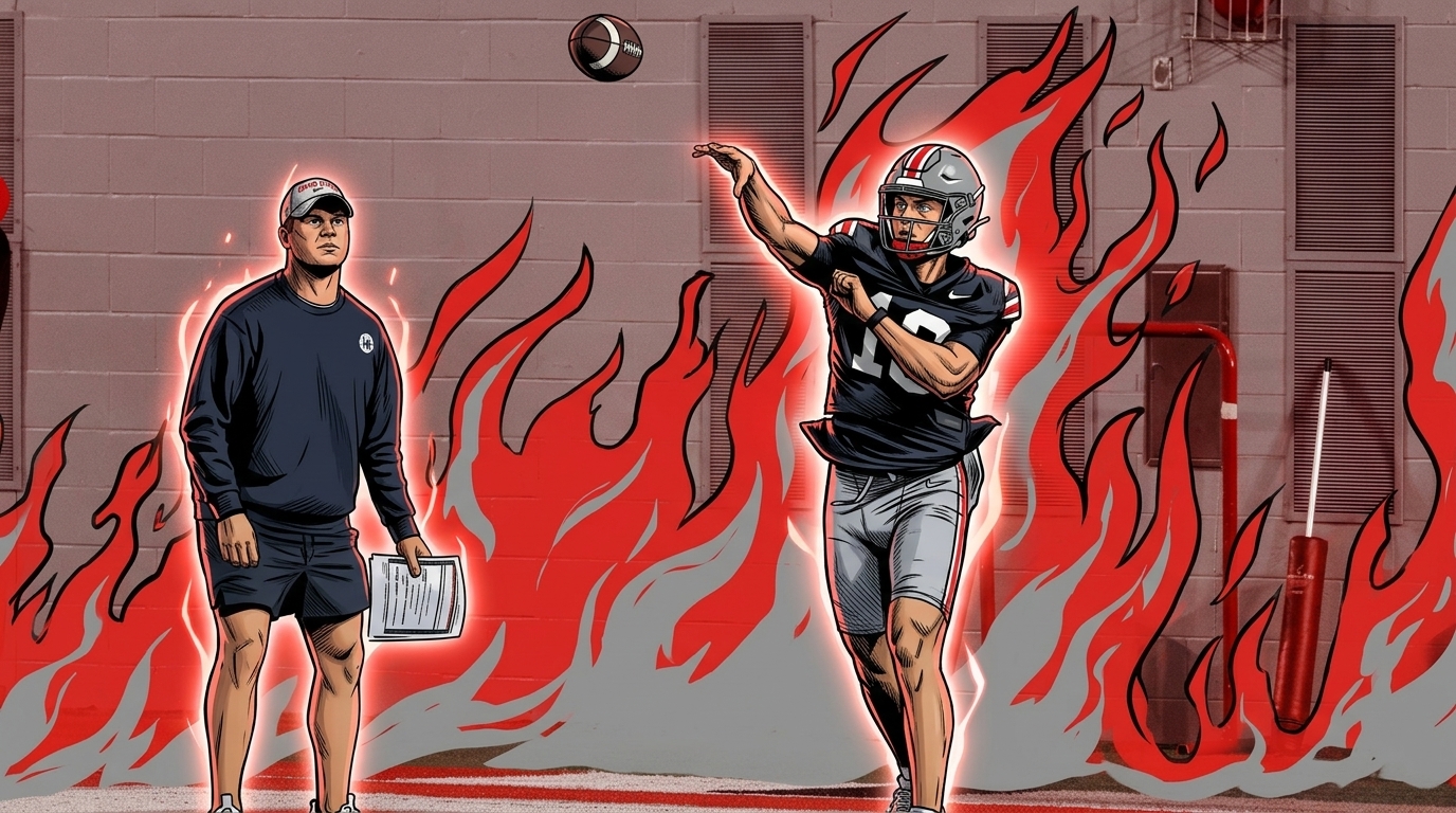 Comic-style illustration of an Ohio State quarterback in a black practice jersey with white No. 10, mid-throwing motion at a fall camp practice facility, flames effect background