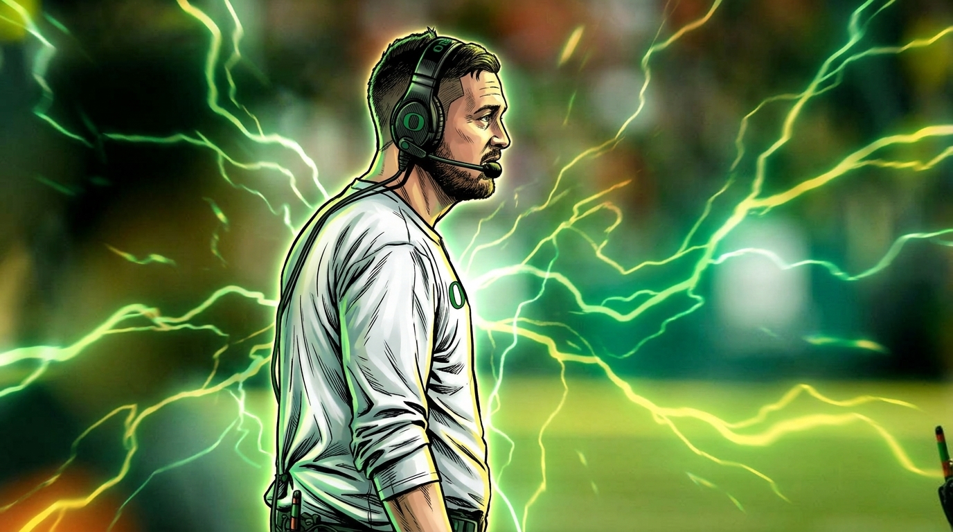 Comic-style illustration of Oregon head coach Dan Lanning on the sideline in a white Oregon pullover, surrounded by green and yellow electric energy effects