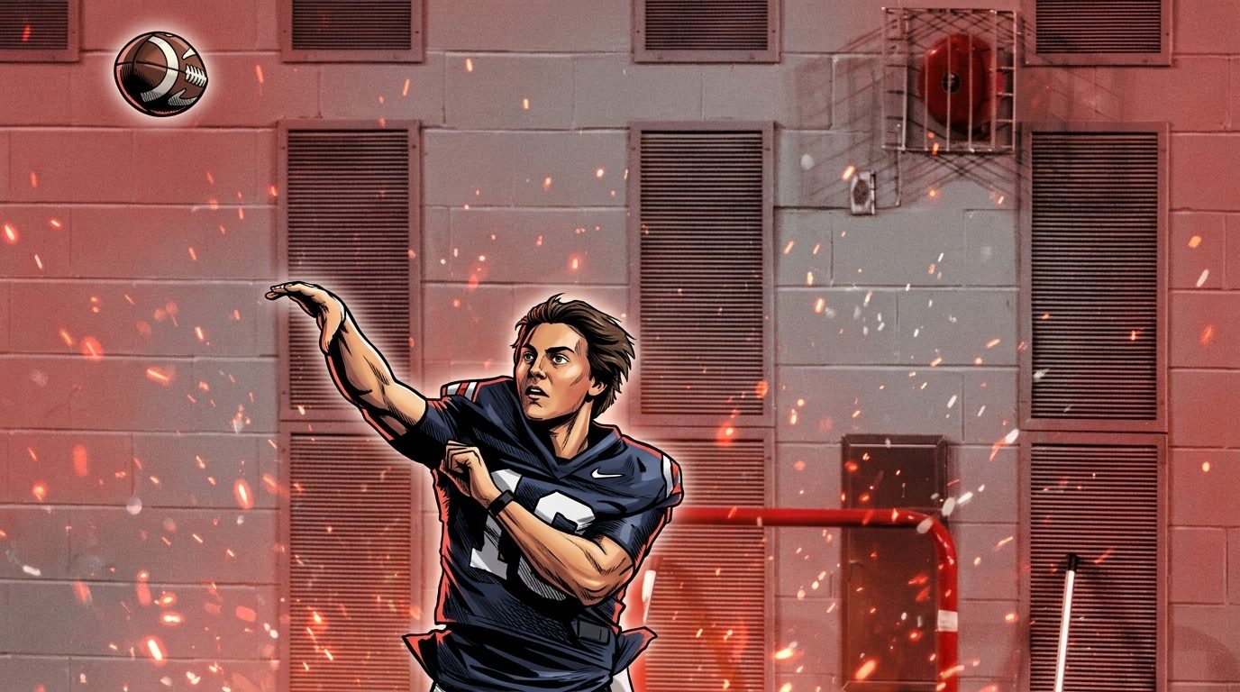 Comic-style illustration of an Ohio State quarterback mid-throw in a practice facility, tinted scarlet with a floating-embers particle effect