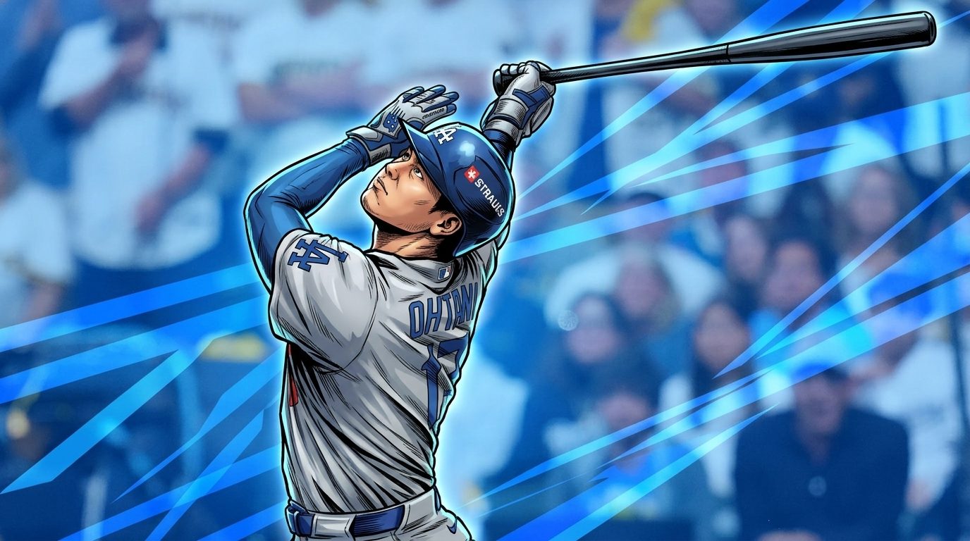 Comic-style illustration of Shohei Ohtani of the Los Angeles Dodgers mid-swing in a gray road jersey, blue geometric light-streak effects surrounding him