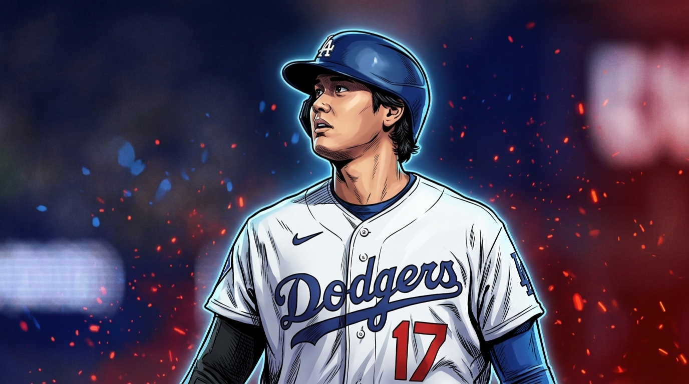 Comic-style illustrated portrait of Shohei Ohtani in Dodgers home uniform, navy and red particle-ember effect background