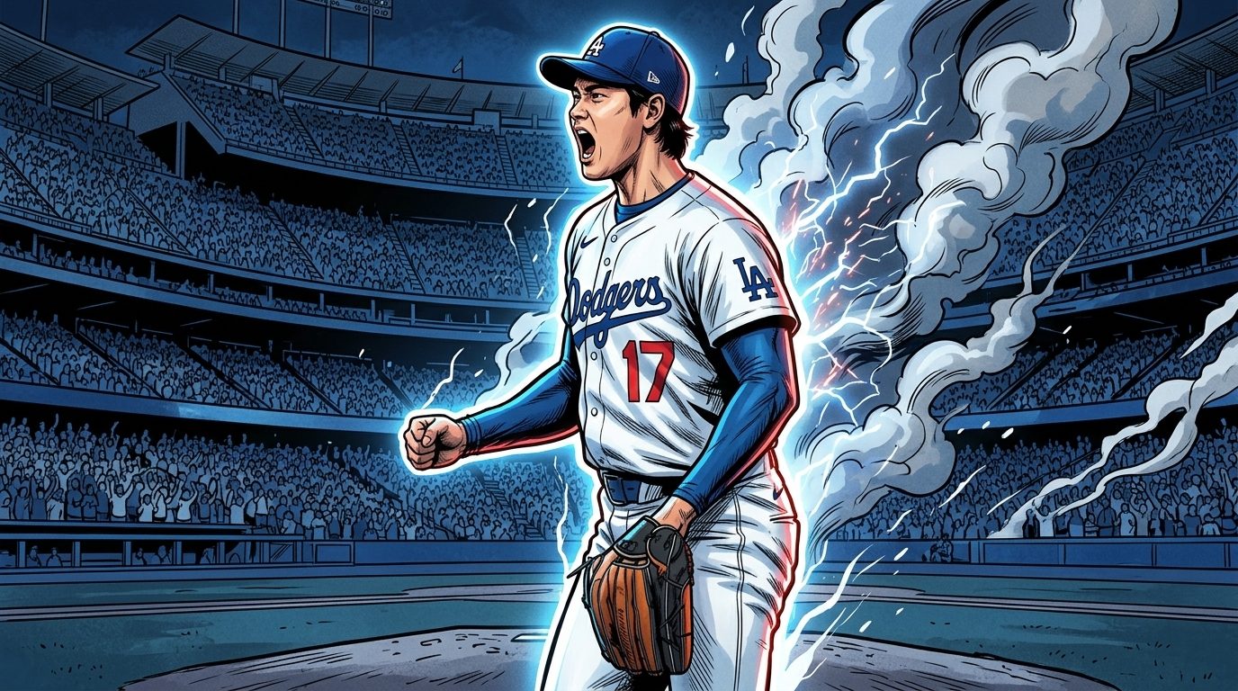 Comic-style illustration of Shohei Ohtani in a Dodgers uniform on the mound, surrounded by smoke and electric energy effects.