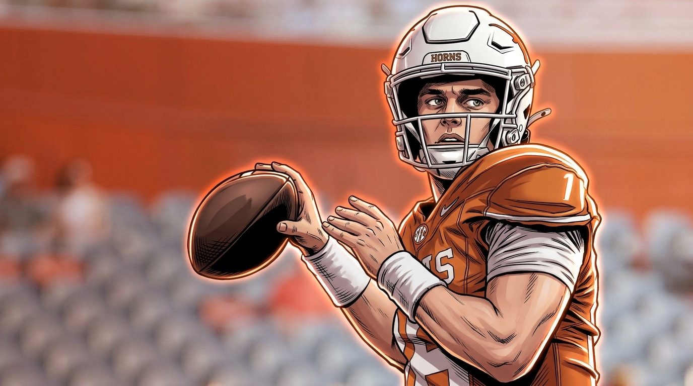 Comic-style illustration of Arch Manning in Texas Longhorns burnt-orange jersey and white helmet with SEC patch, mid-throw with a focused expression