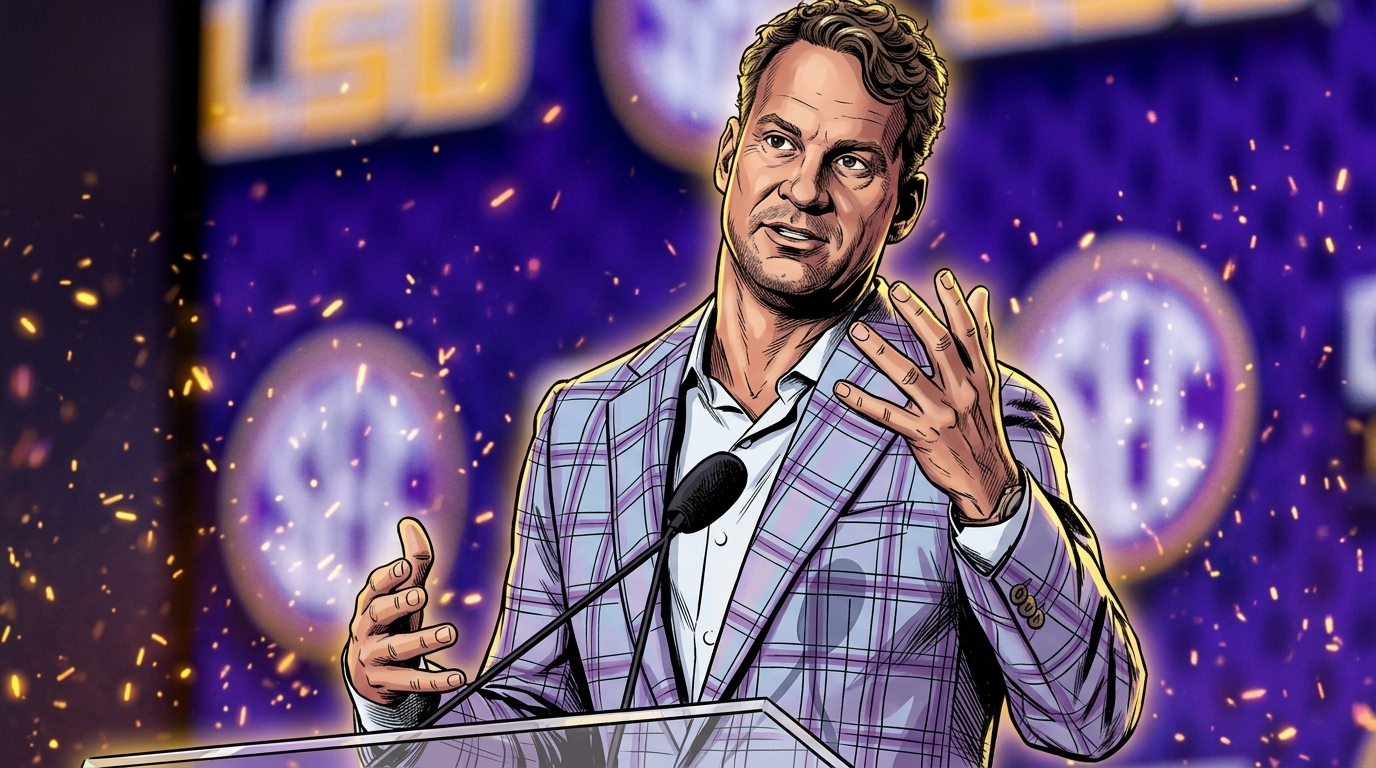 Comic-style illustration of LSU head coach Lane Kiffin gesturing at a podium during SEC Media Days, wearing a lavender plaid blazer, with a purple background, floating embers, and blurred LSU and SEC logos